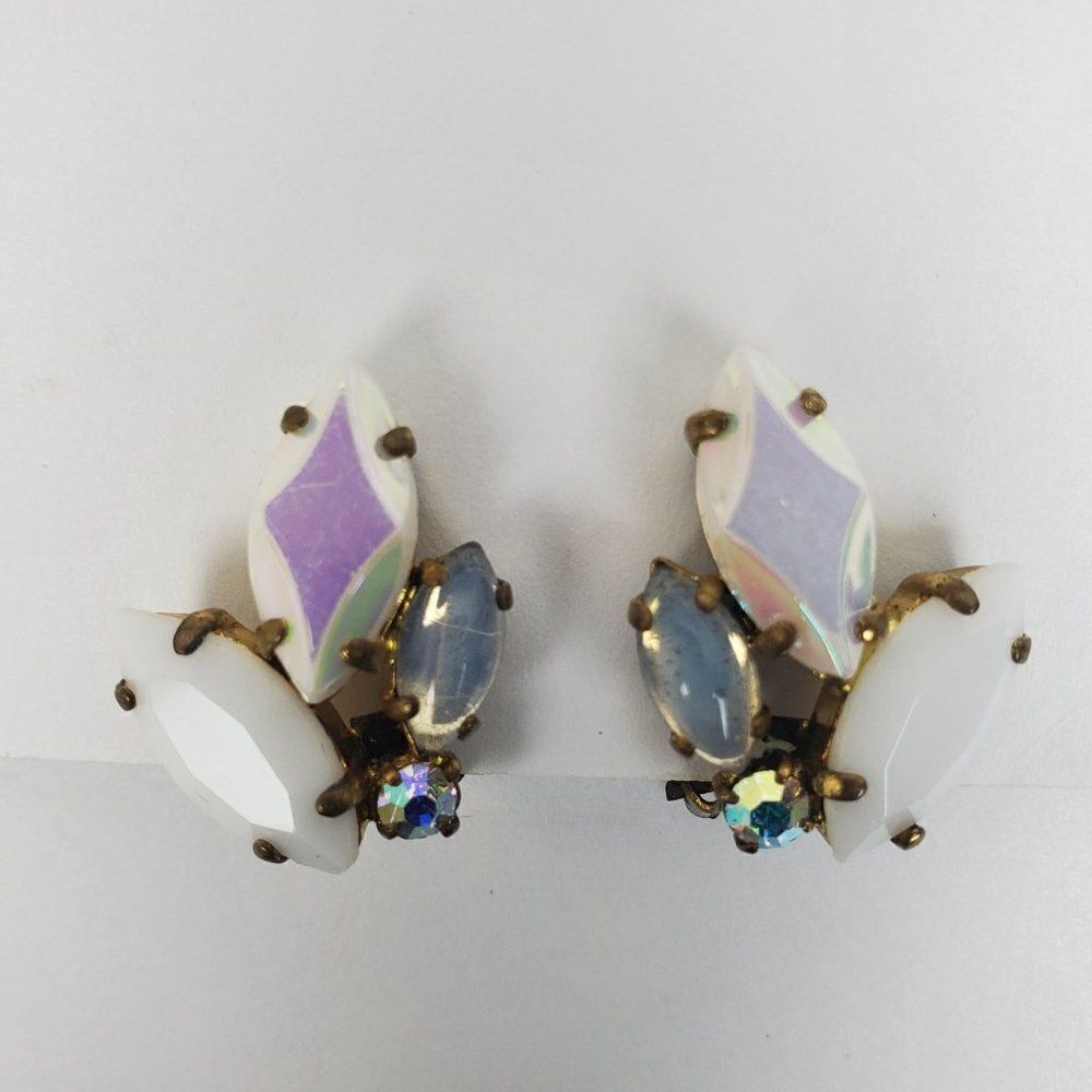 Vintage West Germany White Clear AB Crystal Rhinestone‎ Glass Clip On Earrings - Picture 6 of 12